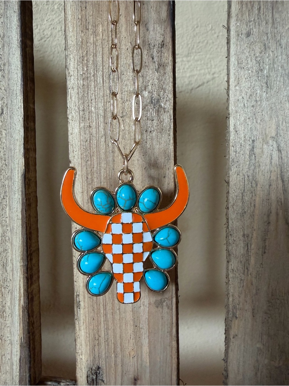 Western Faux Turquoise Orange Checkered Longhorn Skull Pendant Gold Necklace NEW